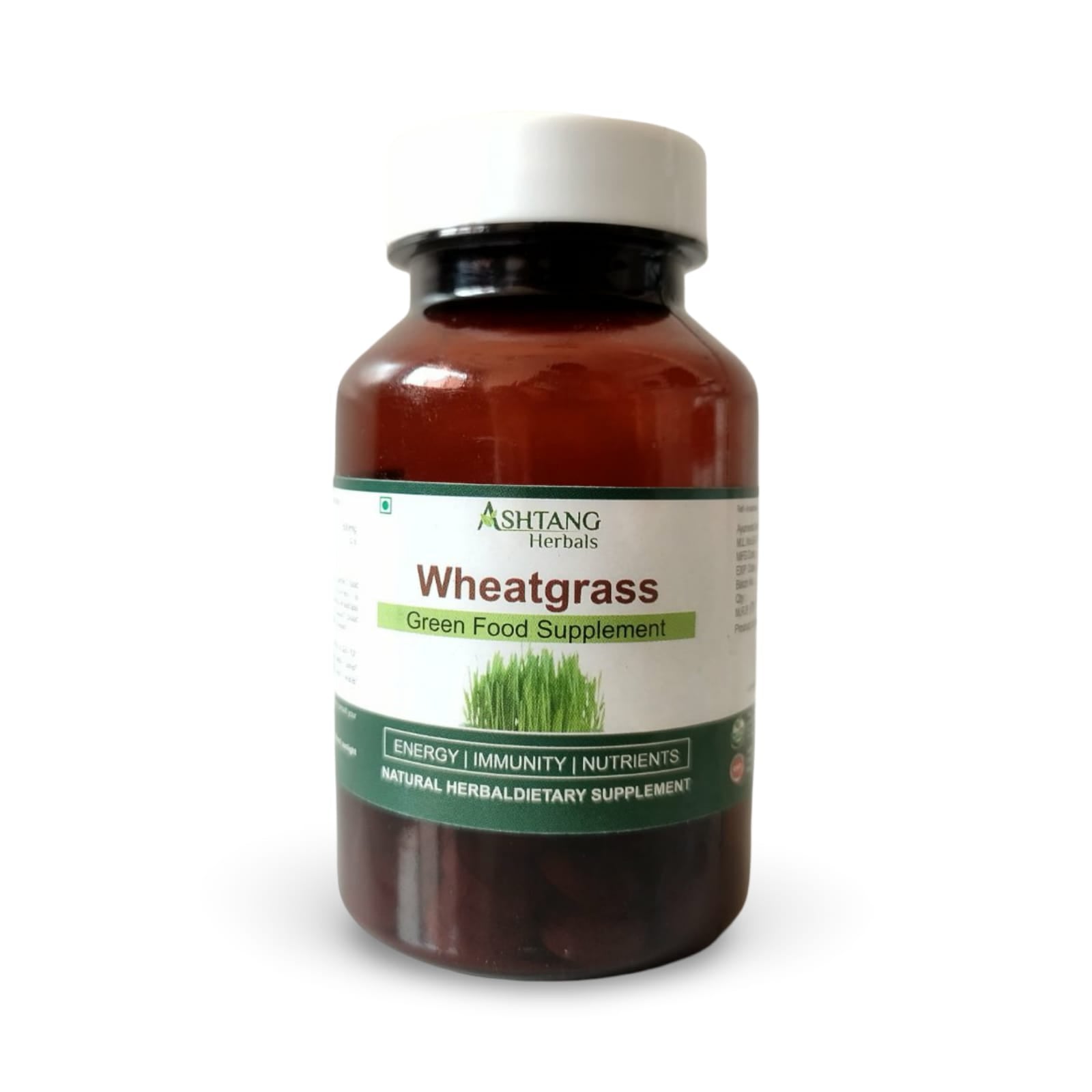 Bottle of Ashtang Wheatgrass supplement on a white background
